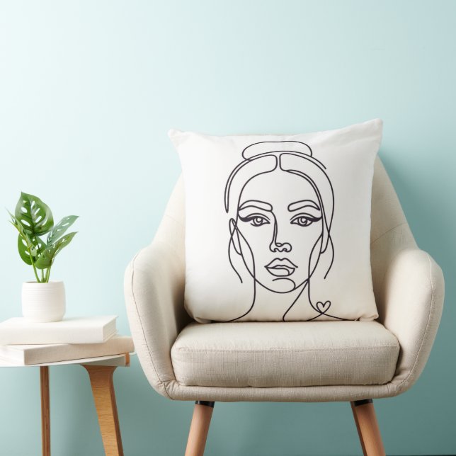 Minimalist Woman Face Line Art Throw Pillow Kudde (Stol)