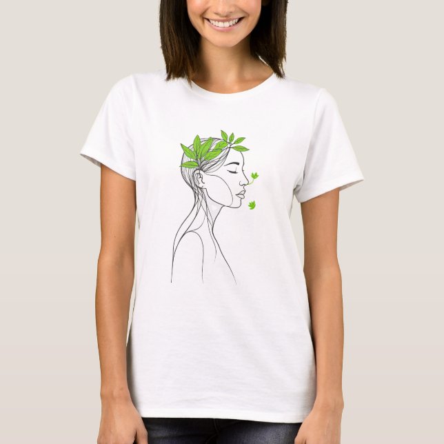 Minimalist Woman Line Art with Green Leaves T Shirt (Framsida)