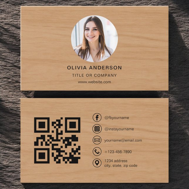 Minimalist Wood Photo with QR Code Social Media Visitkort (Skapare uppladdad)