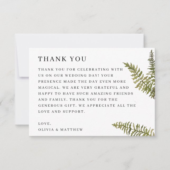 Minimalist Woodland Nature Wedding | Elegant Fern Tack Kort (Framsida)