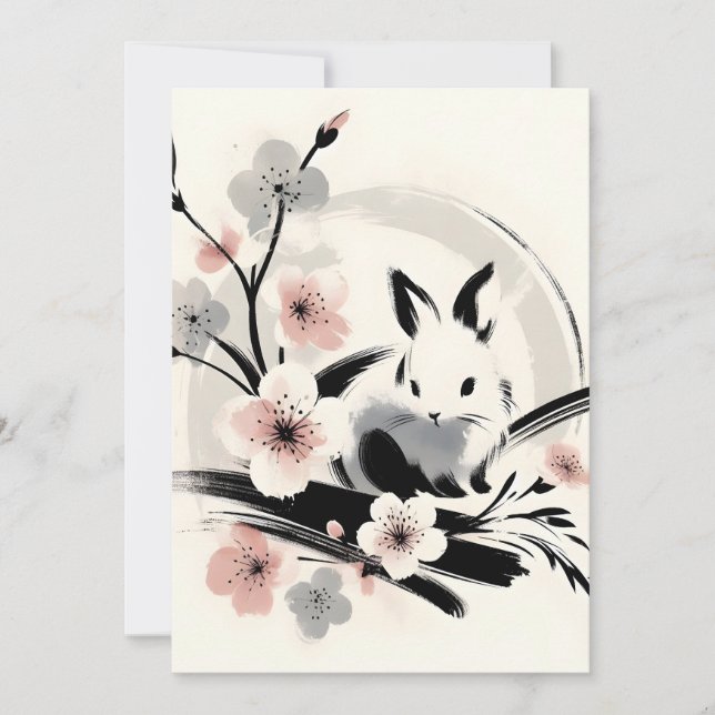 Minimalist Zen Ink Bunny Cherry Blossoms Julkort (Framsida)