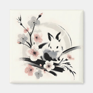 Minimalist Zen Ink Bunny Cherry Blossoms Magnet