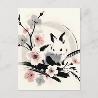 Minimalist Zen Ink Bunny Cherry Blossoms Meddelande Vykort