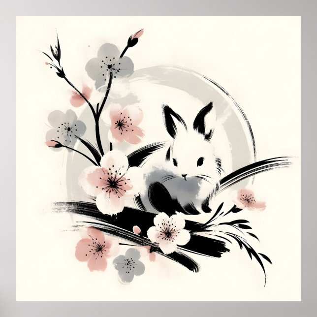 Minimalist Zen Ink Bunny Cherry Blossoms Poster (Framsidan)