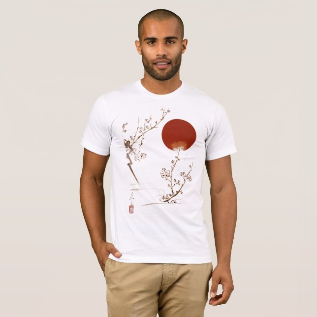 Minimalist Zen Japanese Sun and Plum Branch Design T Shirt (Hel framsida)