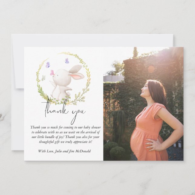 Minimalistbunny och Butterflies Baby Shower Photo Tack Kort (Framsida)