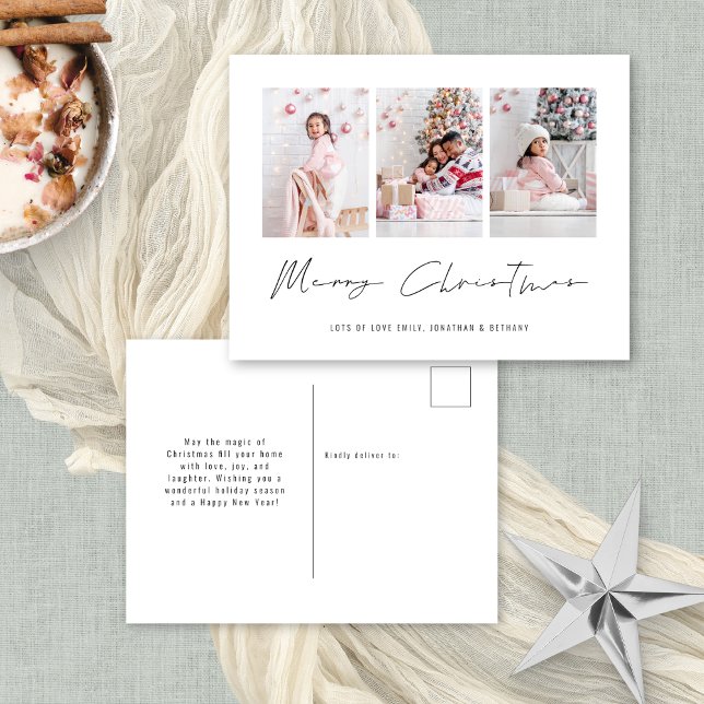 Minimalistfamilj 3 foton God jul Helg Vykort (Add your favorite 3 photos! Convenient postcard alternative)