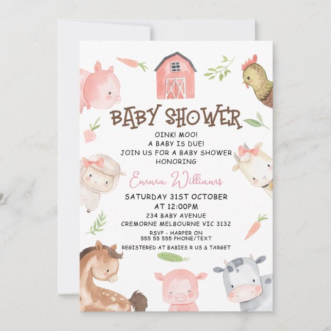 Minimalistflickor Farm Thmet Baby Shower Inbjudningar (Framsida)