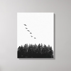 Minimalistflygande gäss och monokrom Gräs Träd Canvastryck