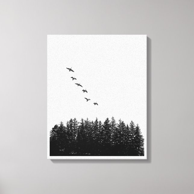 Minimalistflygande gäss och monokroma Gräs Träd Canvastryck (Framsida)