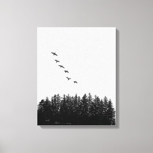 Minimalistflygande gäss och monokroma Gräs Träd Canvastryck (Framsida)
