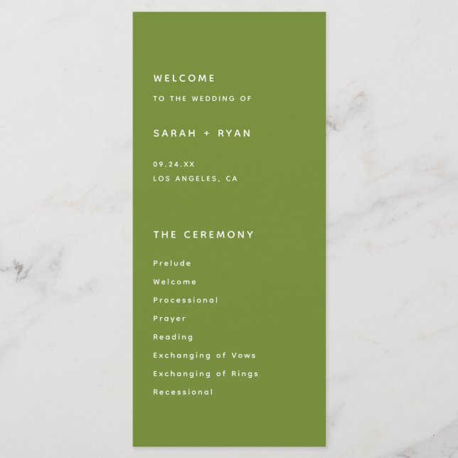 Minimalistic Dark Olive Green Wedding Ceremony Program (Framsida)
