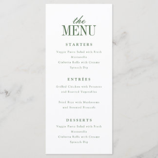 Minimalistic Modern White & Olive Green Wedding Meny