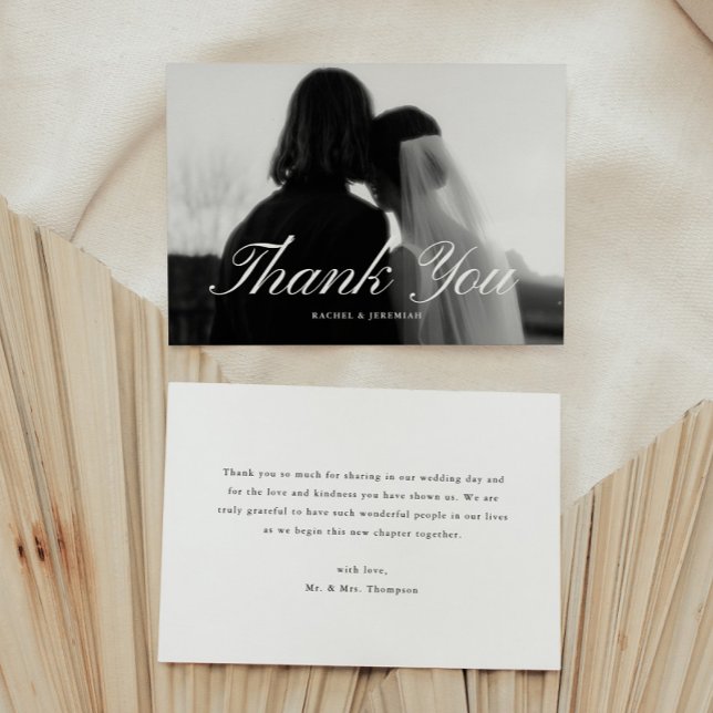 Minimalistic Script Black & White Wedding Photo Tack Kort (Skapare uppladdad)