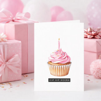 Minimalistische Hip Hip Hoera Roze Cupcake Jarig Kort