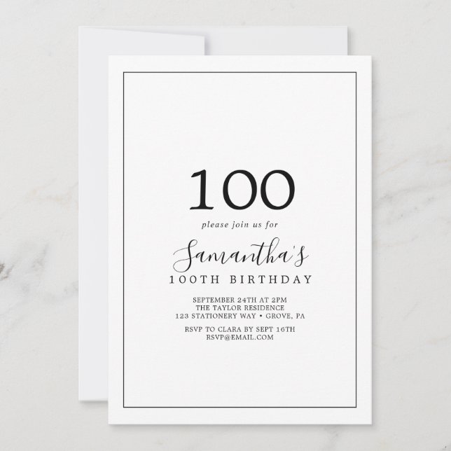 Minimalistisk 100:e födelsedag inbjudningar (Framsida)