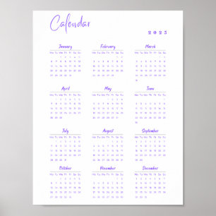 Minimalistisk 2025-väggskalender Lila måndag-Sönda Poster
