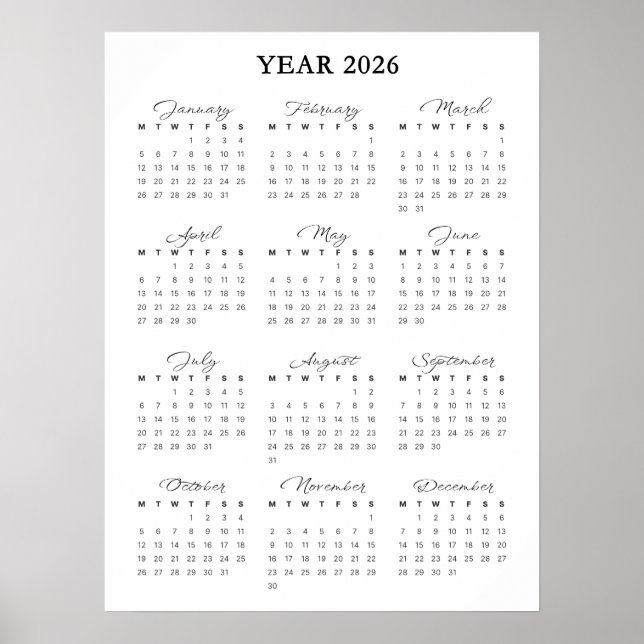 Minimalistisk 2026 Kalender Poster (Framsidan)