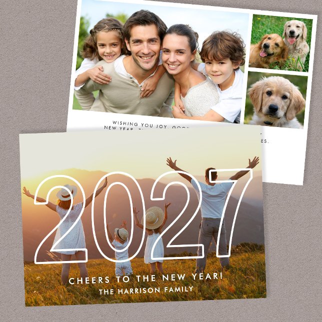 Minimalistisk 2027 Nyårsfotocollage Julkort (Minimalist 2027 New Year Photo Collage Holiday Card)