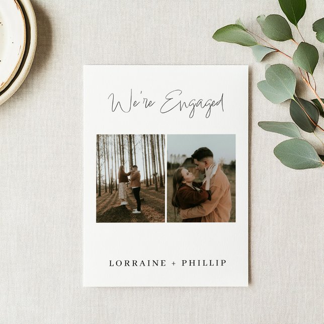 Minimalistisk 2-bilds, manus Förlovningsfest Inbjudningar (Clean and minimal double photo Modern Minimalist Engagement Party Invitation with white background.)