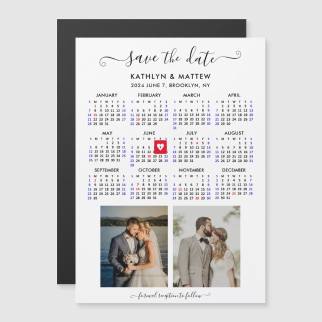 Minimalistisk 2-foto 2024-kalender Spara datumet Magnetisk Inbjudningskort (Fram/baksida)