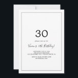 Minimalistisk 30års födelsedag Party Inbjudningar<br><div class="desc">Denna minimalistiska inbjudan till 30års födelsedag-partiet är perfekt för en enkel födelsedagsfest. Den moderna romantiska designen har klassisk svart- och vit typografi parad med en rografi av rustik men elegant med vintage handskrivet stil. Anpassade i alla färg. Behålla designen enkel och elegant, som den är, eller anpassa den genom att...</div>