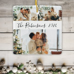 Minimalistisk 3-familjsfoto - kollage jul julgransprydnad keramik<br><div class="desc">Modern Simple Elegant Calligraphy Black White 3 Family Photo Collage God jul Script Ceramic Ornament. Den här festliga, minimalistiska, vimatiska tre fotot helgdag Ornament har ett söt-rutnätsfotokollage och Familj namn och år! Familjen namn är skriven i ett handskript med snabb teckenskrift i svart på vit färg-bakgrund. På motsatt sida ett...</div>
