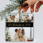 Minimalistisk 3-familjsfoto - kollage jul julgransprydnad keramik<br><div class="desc">Modern Simple Elegant Calligraphy Black Guld 3 Family Photo Collage God jul Script Ceramic Ornament. Den här festliga, minimalistiska, viskösa tre foto-helgdag Ornament har ett söt-rutnätsfotokollage och Familj namn och år. Familjen namn är skriven i ett handskript med snabba bokstäver i guld på den svarta färg bakgrunden. På motsatt sida...</div>