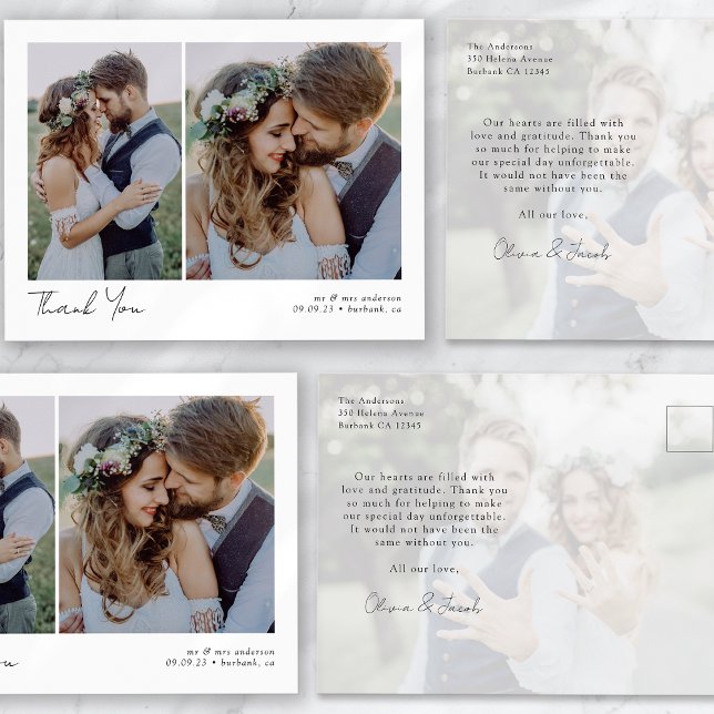 Minimalistisk 3 Foto Kalligrafi Bröllop Tack Vykort (Skapare uppladdad)
