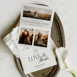 Minimalistisk 3-foto vikt Love & Thanks bröllopsko Tack Kort