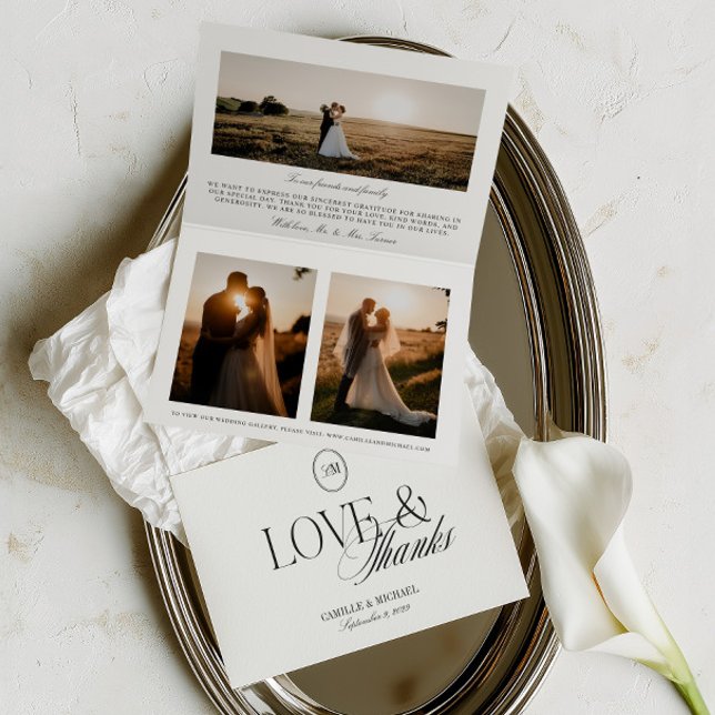 Minimalistisk 3-foto vikt Love & Thanks bröllopsko Tack Kort (Minimalist 3 Photo Folded Love & Thanks Wedding Thank You Card)