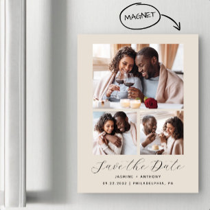 Minimalistisk 3-fotocollage Beige Spara datumet Magnetisk Inbjudningskort