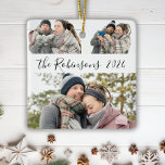 Minimalistisk 3-fotomakning jul julgransprydnad keramik<br><div class="desc">Modern enkel Elegant, svart, vit 3 par fotokollage God jul Skriptkeramiska prydnadsföremål. Den här festliga, minimalistiska, vimatiska tre fotot helgdag Ornament har ett söt-rutnätsfotokollage och Familj namn och år! Familjen namn är skriven i ett handskript med snabb teckenskrift i svart på vit färg-bakgrund. På motsatt sida ett foto med familjen...</div>