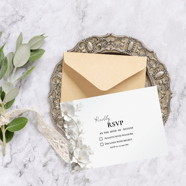 Minimalistisk 3D vit blomster elegant lyxbröllop OSA Kort (Skapare uppladdad)