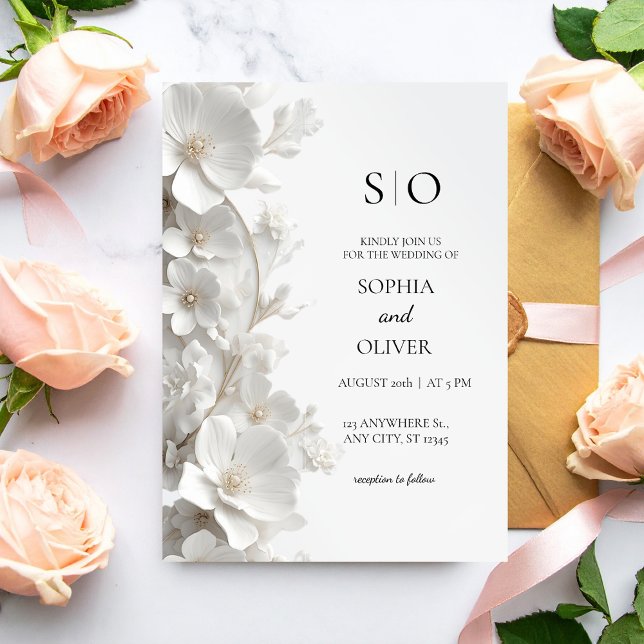 Minimalistisk 3D vit blomsterlyx elegant bröllop Inbjudningar (Skapare uppladdad)