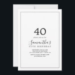 Minimalistisk 40:e födelsedagen inbjudningar<br><div class="desc">Denna minimalistiska 40-årsinbjudan är perfekt för en enkel födelsedagsfest. Den moderna romantiska designen har klassisk svart- och vit typografi parad med en rografi av rustik men elegant med vintage handskrivet stil. Anpassade i alla färg. Behålla designen enkel och elegant, som den är, eller anpassa den genom att lägga till egna...</div>