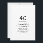 Minimalistisk 40:e födelsedagen inbjudningar<br><div class="desc">Denna minimalistiska 40-årsinbjudan är perfekt för en enkel födelsedagsfest. Den moderna romantiska designen har klassisk svart- och vit typografi parad med en rografi av rustik men elegant med vintage handskrivet stil. Anpassade i alla färg. Behålla designen enkel och elegant, som den är, eller anpassa den genom att lägga till egna...</div>