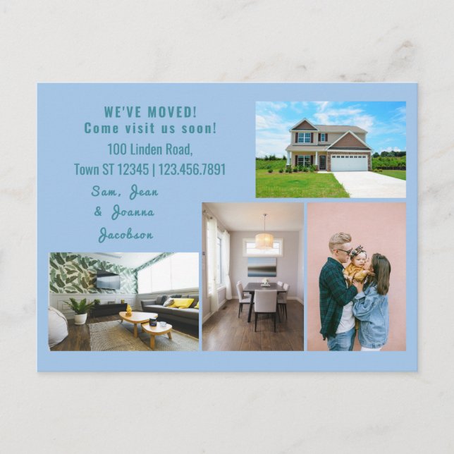 Minimalistisk 4-bilds flyttningsannonsering vykort (Framsida)