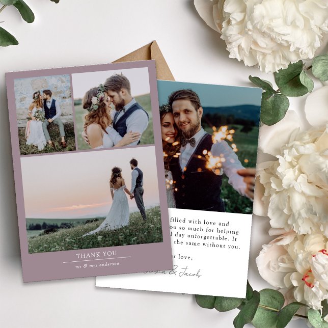 Minimalistisk 4 foto Bröllop Tack Kort (Send thanks to friends and family with this easy to edit photo template wedding thank you card)
