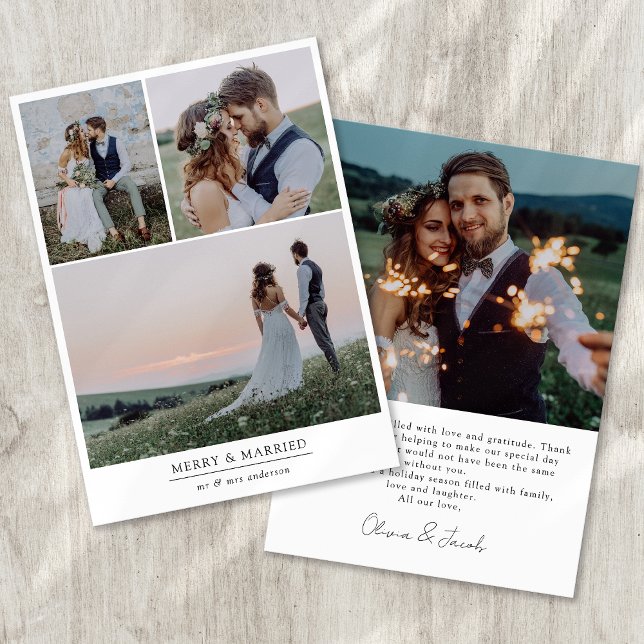 Minimalistisk 4 foto Merry & Married Julkort (Skapare uppladdad)