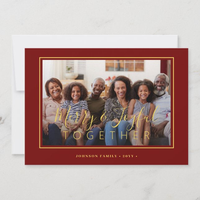 Minimalistisk 4-fotokollage röd guld-jul julkort (Framsida)