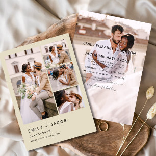 Minimalistisk 5-fotochampagne Beige Elegant bröllo Inbjudningar