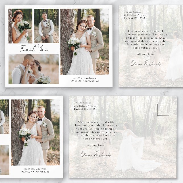 Minimalistisk 5 Fotos Kalligrafi Bröllop Tack Vykort (Skapare uppladdad)