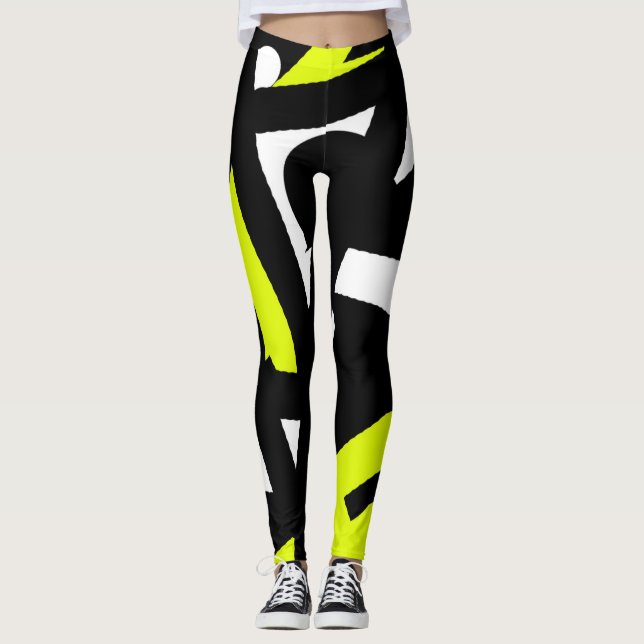 Minimalistisk Abstrakt Konst Mönster Svart Gul Vit Leggings (Framsida)