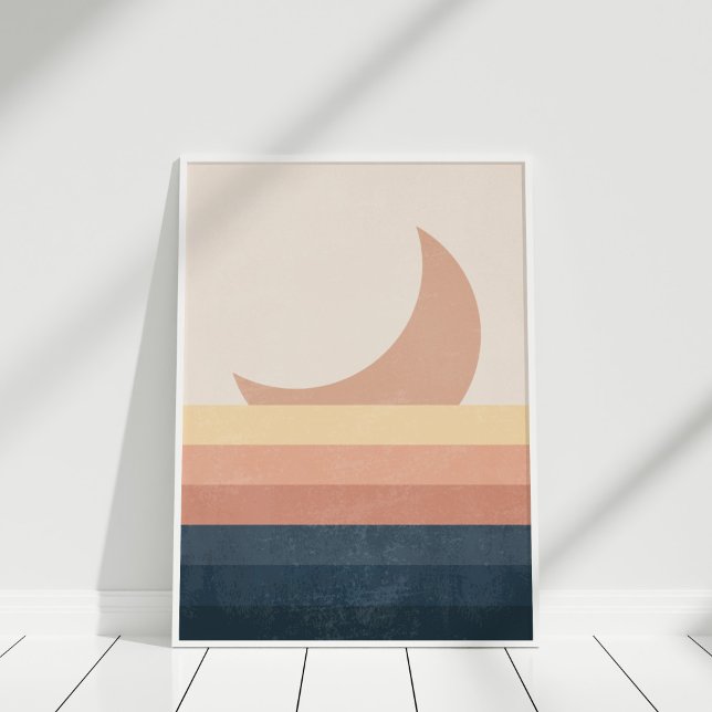 Minimalistisk Abstrakt Måne och hav Poster (Minimalist Abstract Moon and Ocean Poste in a white frame.)