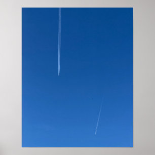 Minimalistisk affisch med kondensspår på djupblå h