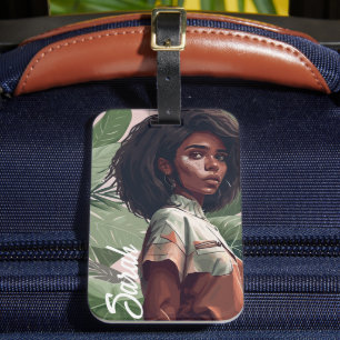 Minimalistisk Afro Black Girl med tropiskt löv Bagagebricka