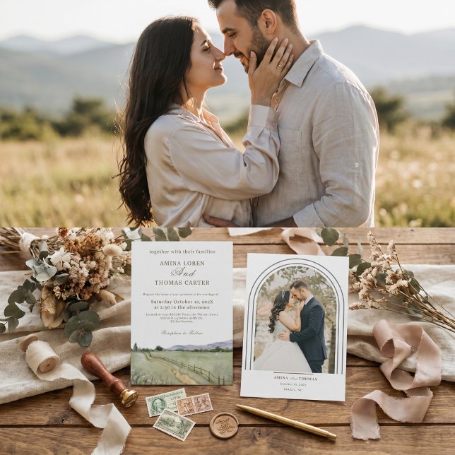 Minimalistisk akvarell bergsbåge foto bröllop inbjudningar (Minimalist Watercolor Mountain Arch Photo Wedding Invitation)