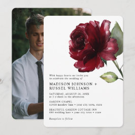 Minimalistisk akvarell djupröd ros foto bröllop  inbjudningar