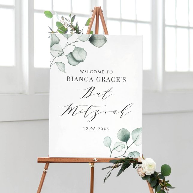 Minimalistisk akvarell Eukalyptus Bat Mitzvah Poster (Customizable greenery Bat Mitzvah welcome sign featuring watercolor eucalyptus greenery.)